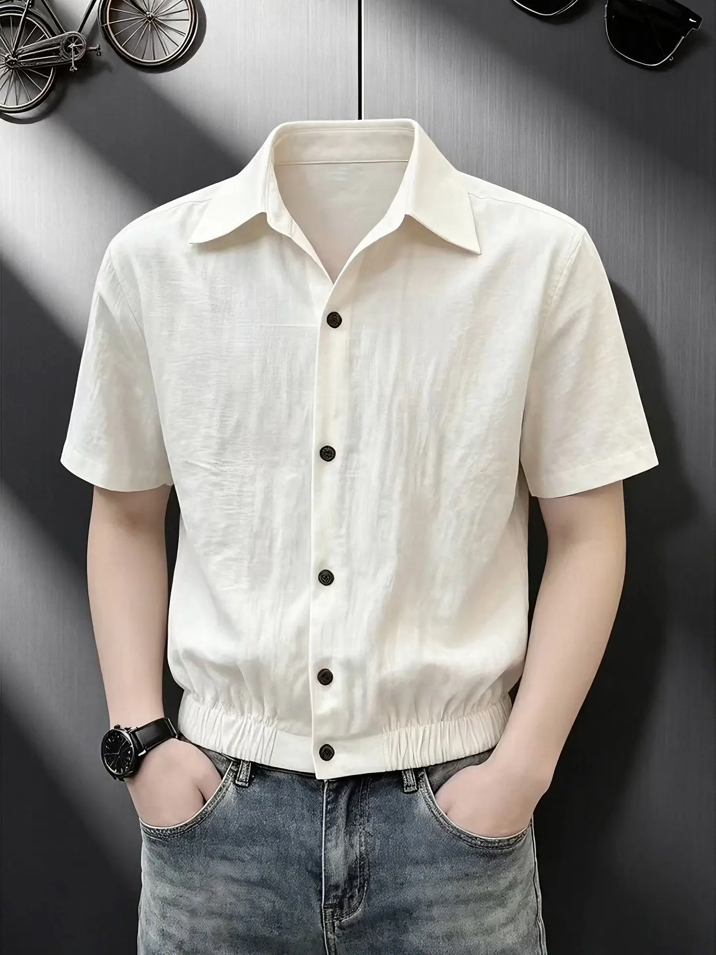 Lightweight Sun Protection Men's Short Sleeve Shirt Beige Linen Feel Quick Dry Casual Style Thin Outerwear Summer Fashion