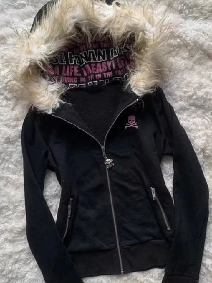 

Y2K Black Fur Collar Zipper Sweatshirt Hoodie Sexy Women Sweatshirt Harajuku Goth Letter Graphic Print Slim Coat Winter Clothes