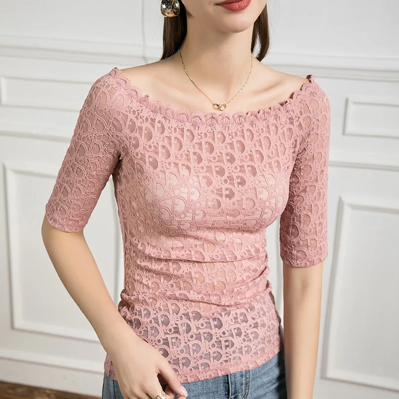 تي شيرت دانتيل بخمسة أكمام برقبة واحدة ، مريح ، نحيف ، بدون حمالات ، متوسط ، مثير ، صيفي ، صديق للجلد