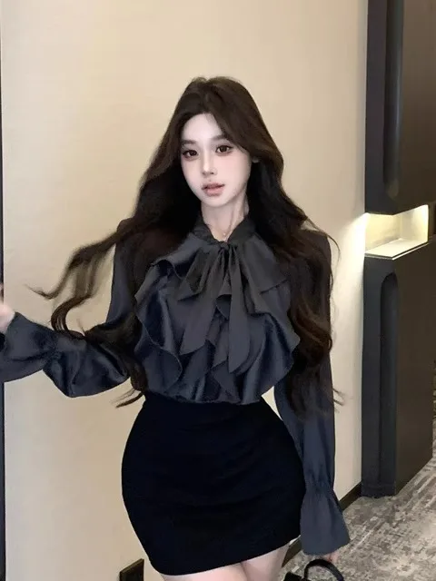 

Комплект из блузки с длинным рукавом и юбки с бантом на талии, легкий, бренд Fene Sle Nicole Rose