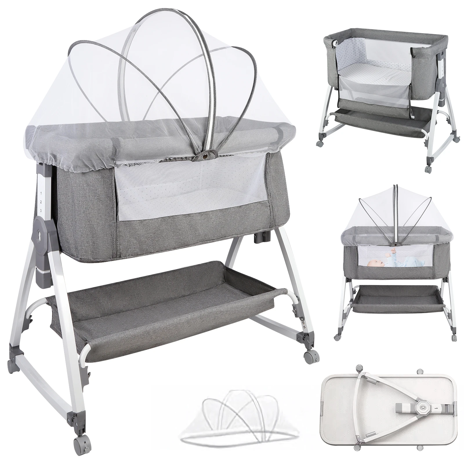 Cama extra Cododo, 3 en 1, cuna con colchón, altura regulable 6 niveles, reclinable, Compatible con diferentes camas, plegable y fácil de transportar, gris/negro/Beige/azul