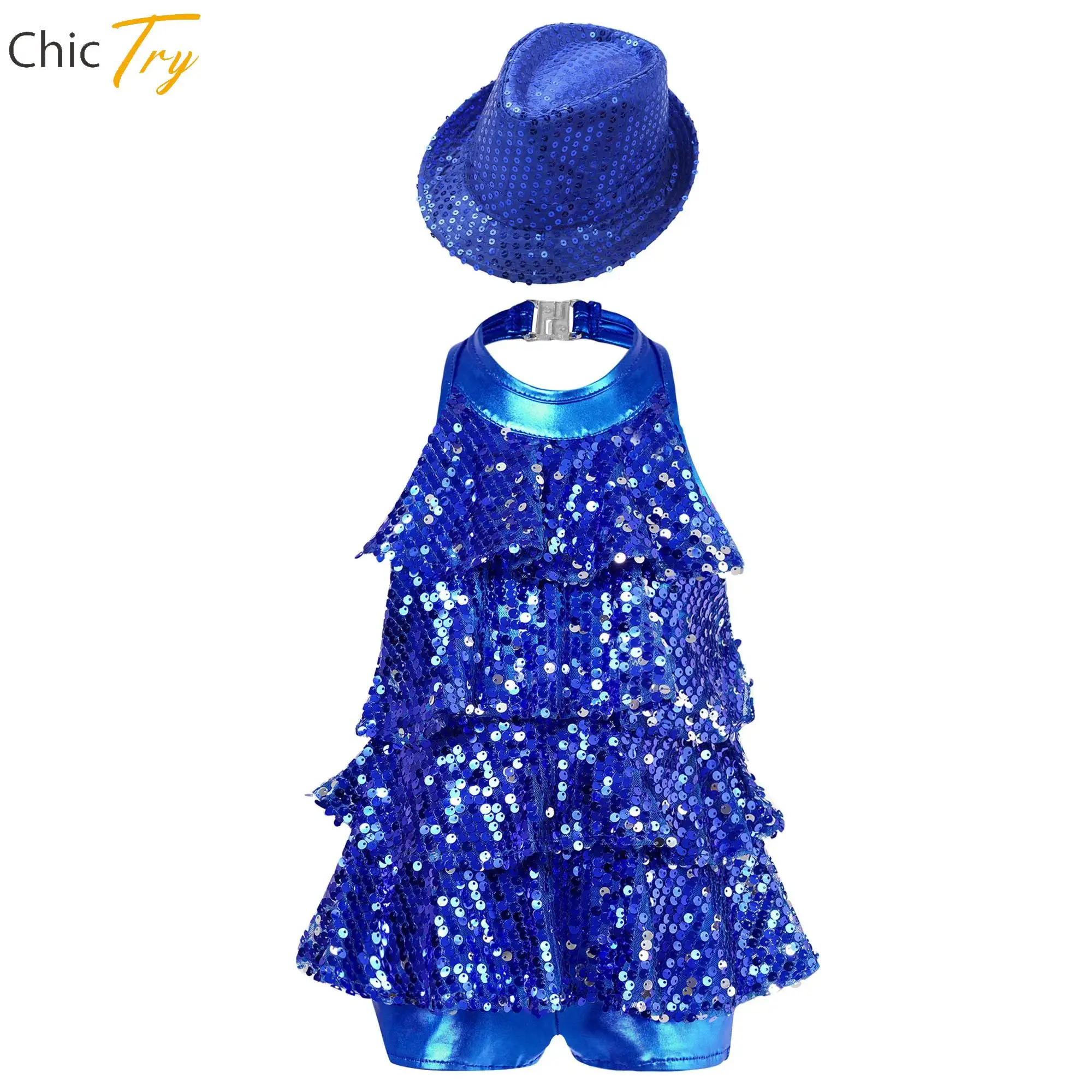 

Kids Girl 2Pcs Modern Jazz Latin Chacha Dance Outfit Ballet Dance Performance Set Halter Shiny Sequins Shorty Unitard Dress+Hats