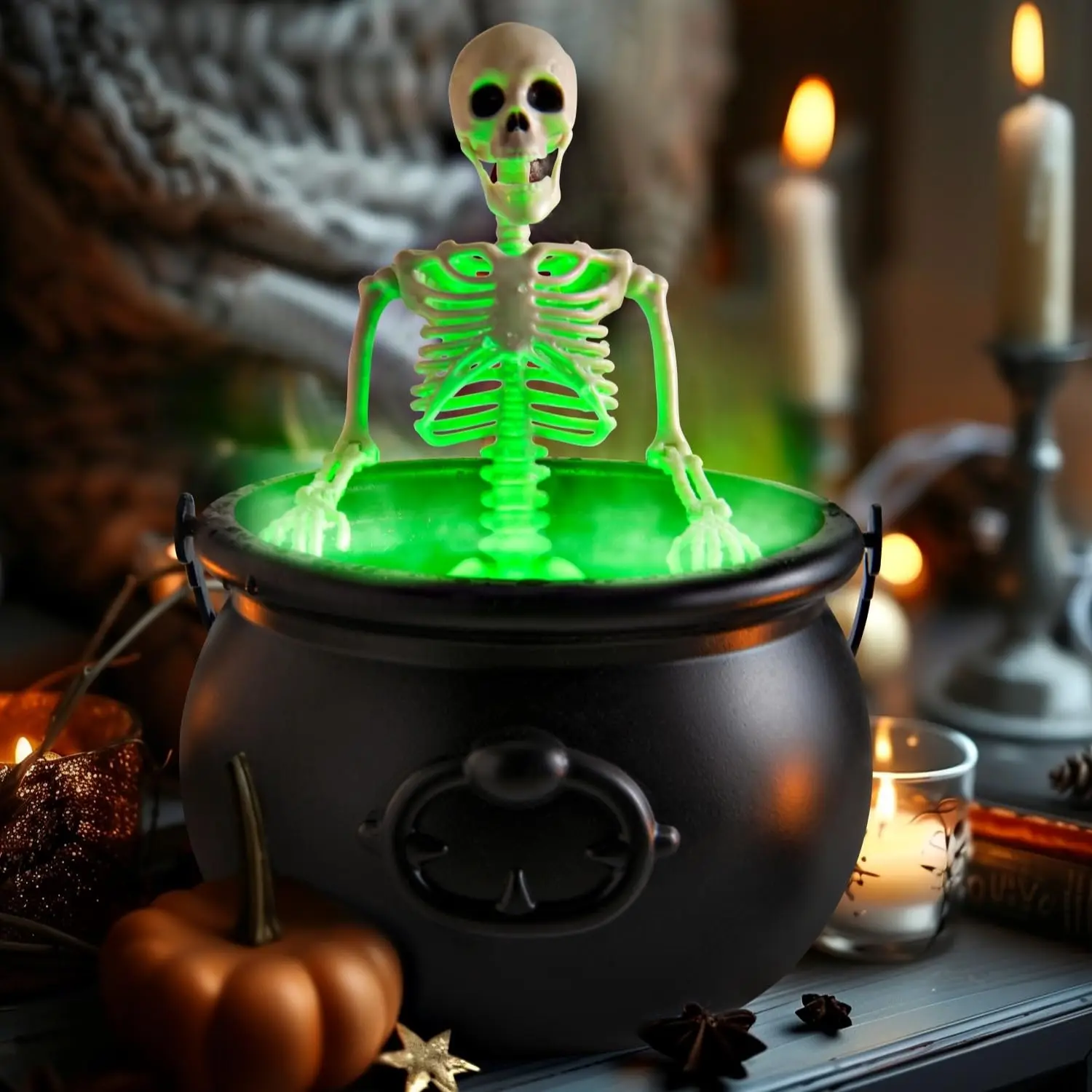 Halloween Decorations Indoor Cauldron Halloween Decor with Black Plastic Witches Cauldron and Maker Skeleton