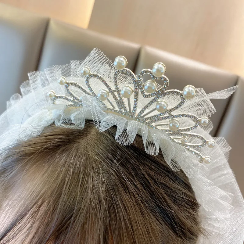 Girl Princess Korea Crown Headband Yarn Veil Kids Bow Flower Hairbands Children Party Head Band Wedding Jewelry Accessiories