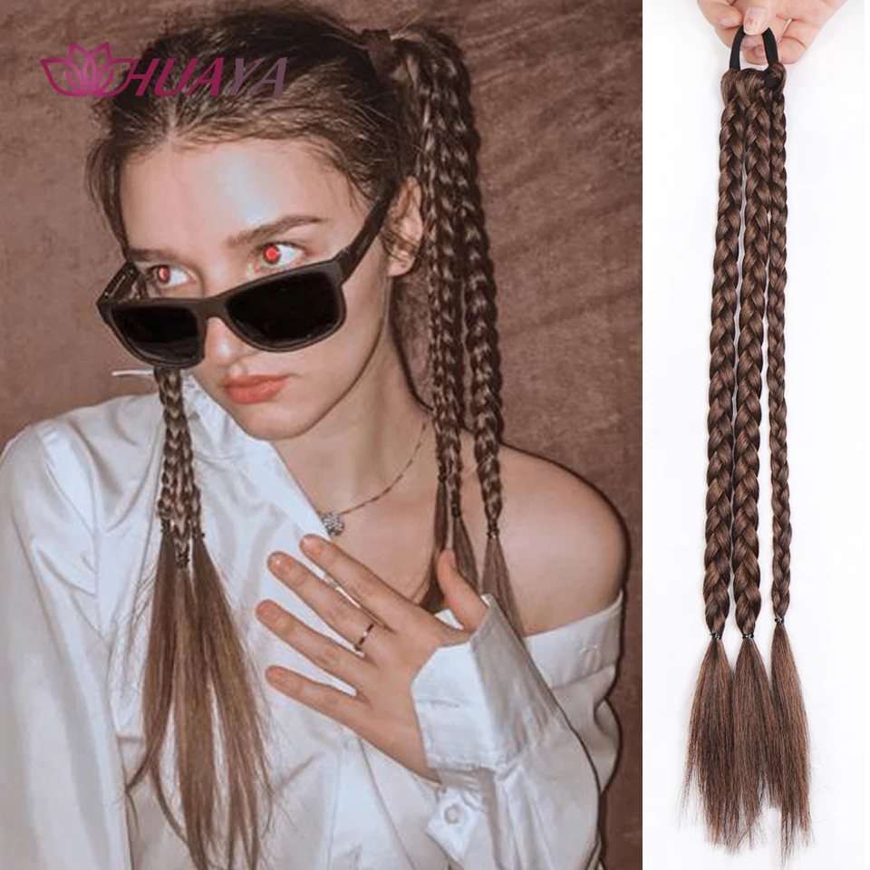 Synthetic Braid Ponytail Hair Extensions with Elastic Hair Rope Rubber Bands Hand Made Braids Hairpieces For Women Heat Resistan