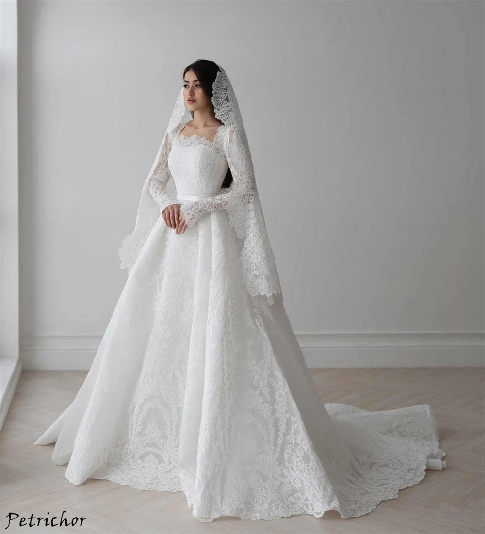 Maßgeschneidertes, hochwertiges Brautkleid aus weißer Spitze, bezaubernde lange Ärmel, Brautkleider, klassischer quadratischer Kragen, A-Linie, Robe de Mariée