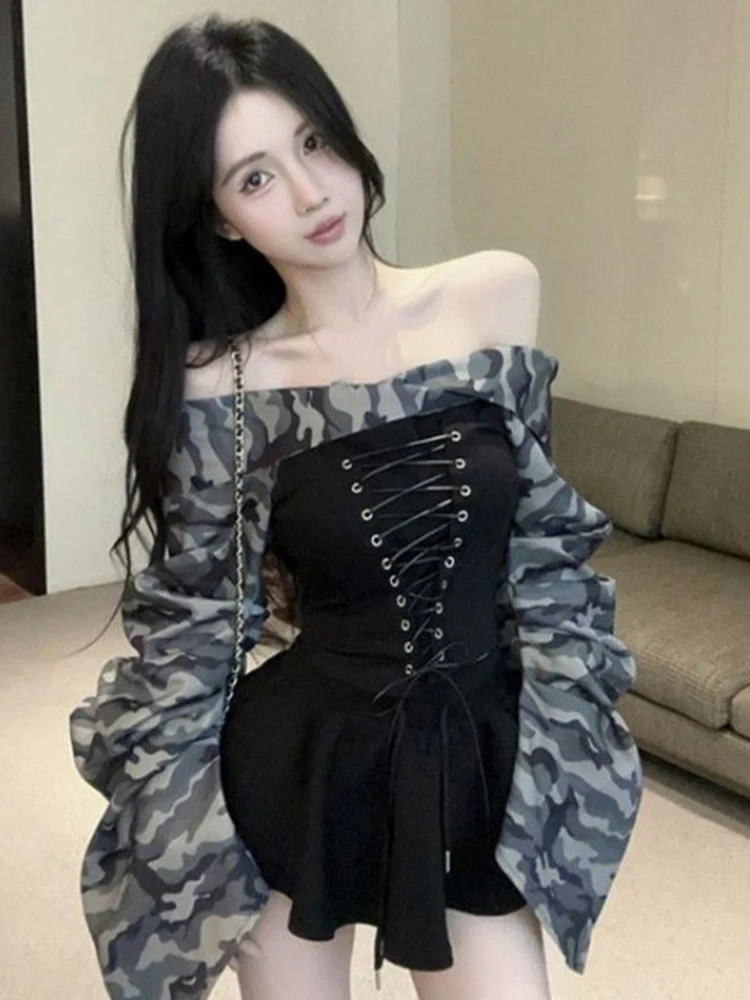 

Women's American Camouflage Shirt Autumn Slim Waist Lace Up Blouses Crop Top Vintage Y2k Subcultural Blusas De Mujer Camisas