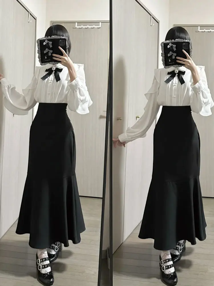 Japanese Gothic Y2k Lolita Style 2 Piece Set Women Harajuku Sweet Bow White Shirt Fishtail Skirt Office Lady Elegant Slim Outfit