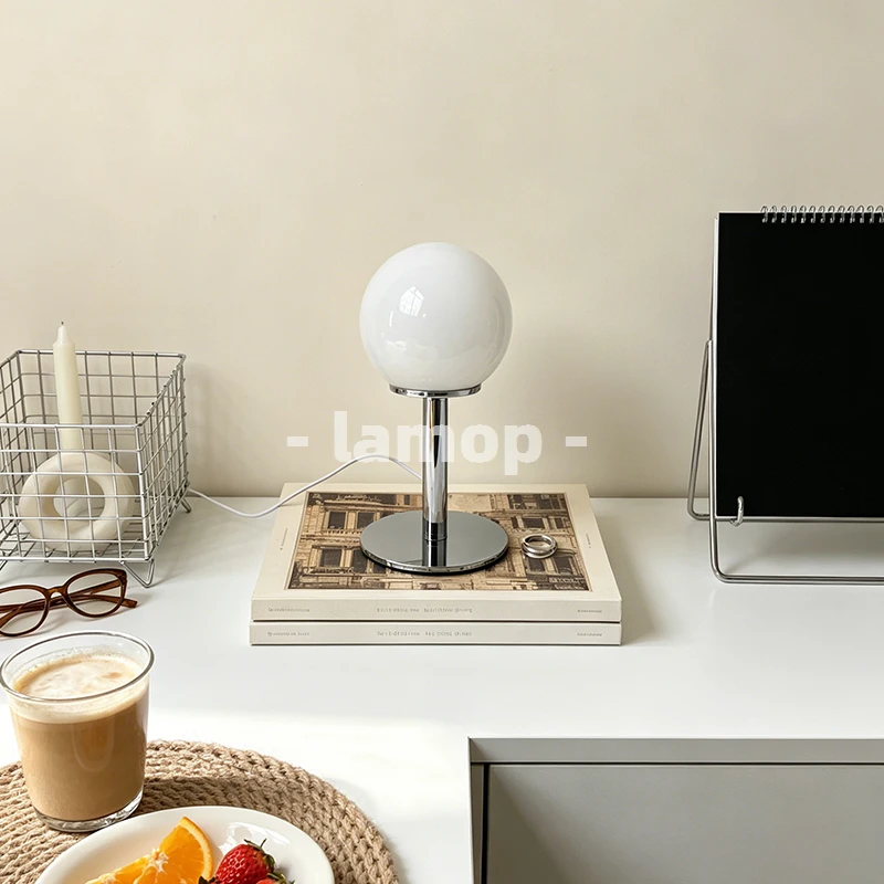 Milky White Solid Globe Chrome Thin Pole Table Lamp Cream Ins White Desk 3 Tone Soft Light Reading Table Decor Lamp - view 3
