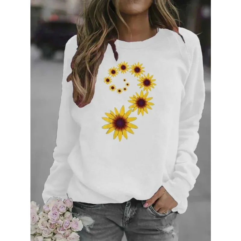 Women\'s Sunflower Print Crew-neck Hoodie Sweatshirts  Streetwear Women  Clothes  Sweatshirt  Aesthetic