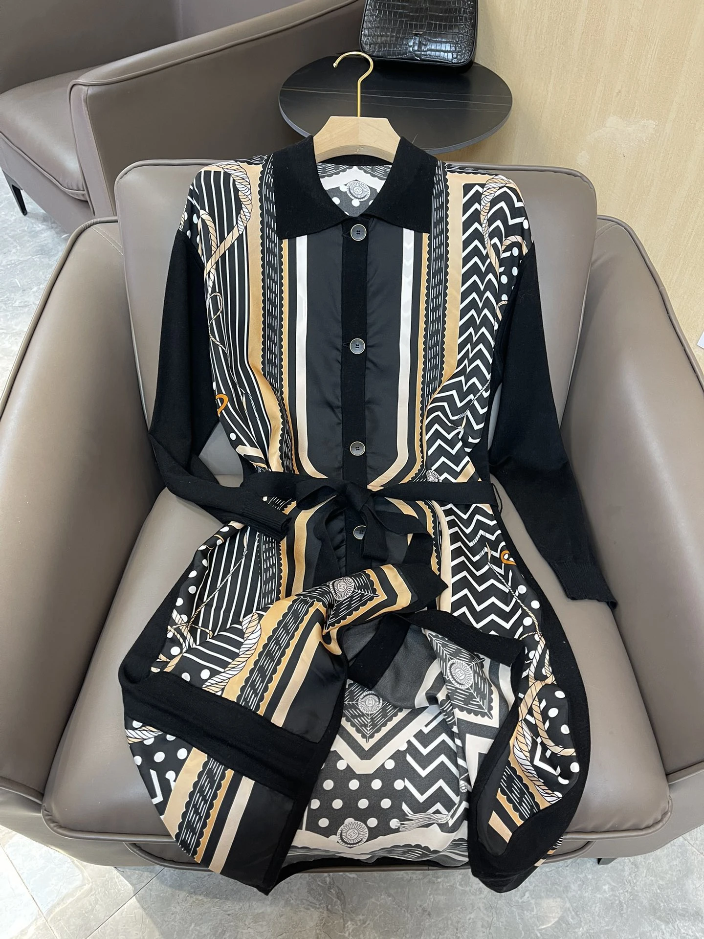 3.2 Women Fashion Silk Print Spliced Lapel Coollar Single Breasted With Belt Mid-Length Wool Knit Cardigan