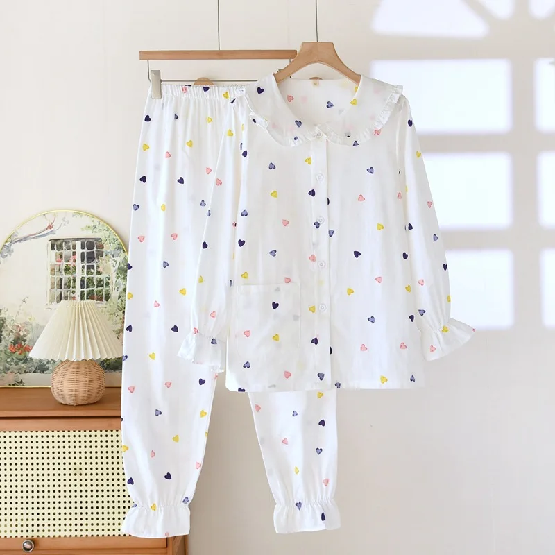 

Spring and Autumn Cotton Double Yarn Women's Pajamas Simple Doll Collar Long Sleeve Pants Homewear Thin Loose Home Clothes