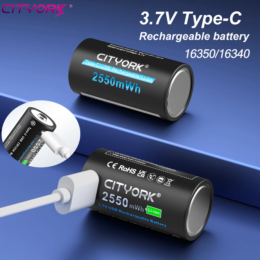 CITYORK CR123A Battery 2550mWh 3.7V Rechargeable Li-ion 16340 Batteries 16350 RCR123 Batter For LED Flashlight +USB Type-c Cable