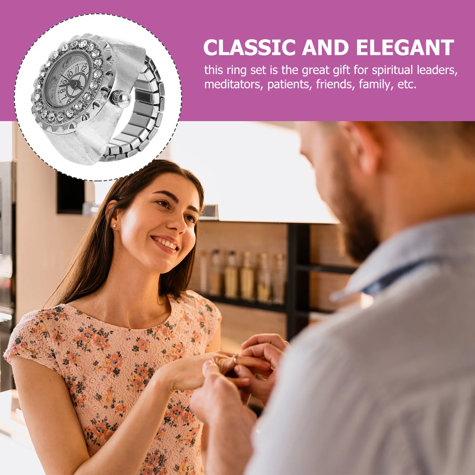 

1 Piece Round Dial Diamond Inlaid Ring Watch for Women Zinc Alloy Fashion Finger Jewelry Decorative Electronic Timepiece