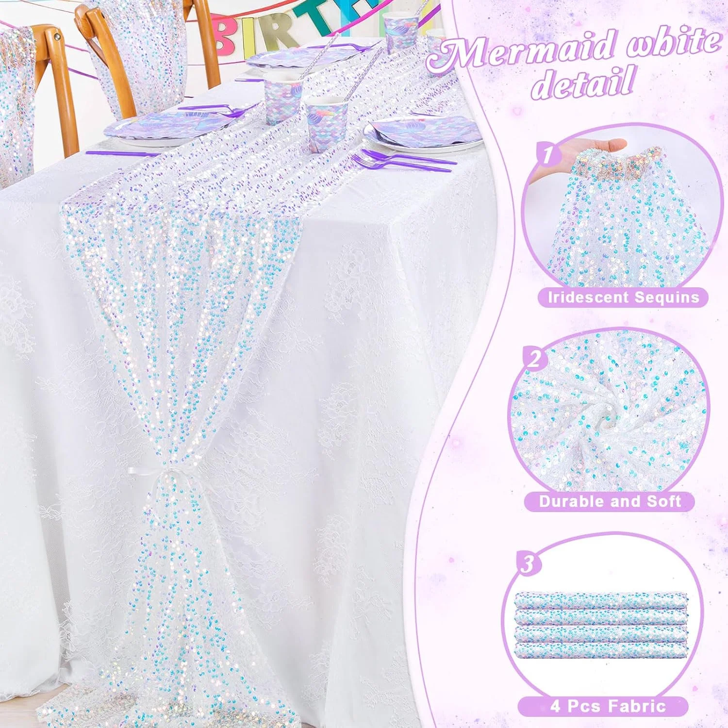 مجموعة من 4 مفرش طاولة مزين بالترتر قزحي الألوان حورية البحر مفرش طاولة لامع لحفلات الزفاف وأعياد الميلاد وديكور المورد