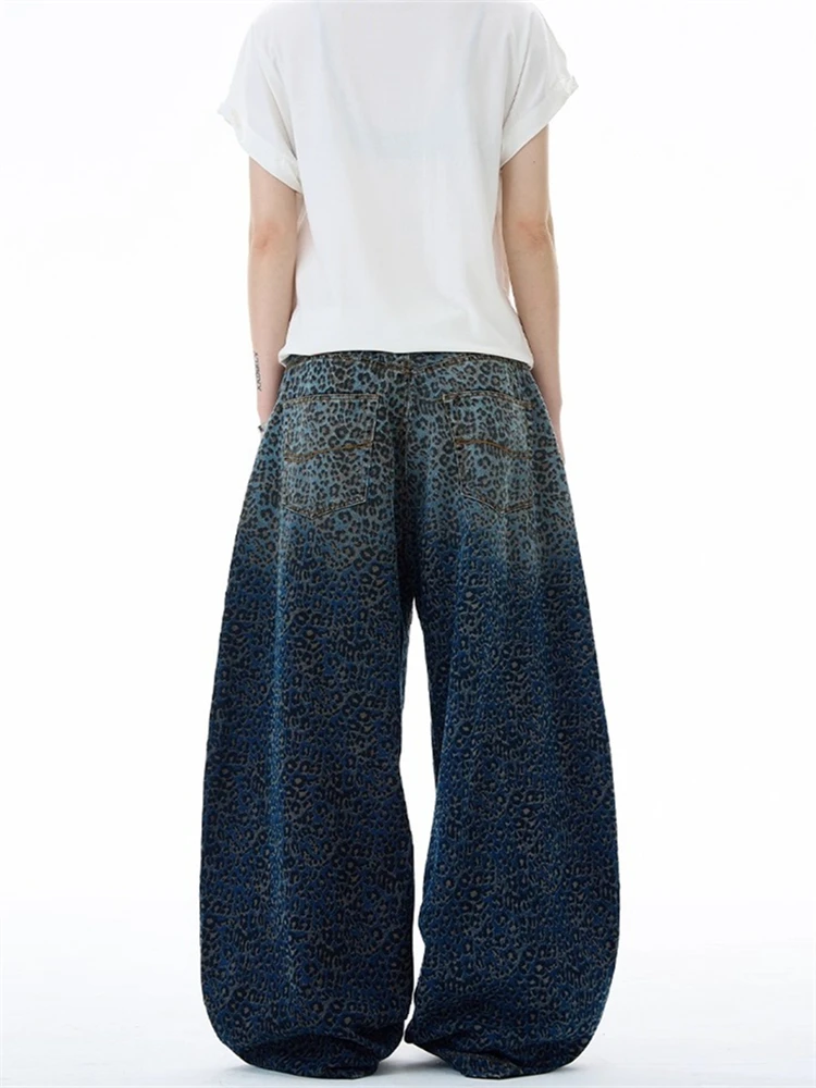 Women's Gradient Leopard Print Pattern Pants Unisex Wide Leg Y2k Trousers Cool Girl Bottoms Female Street High Waist Sweatpants