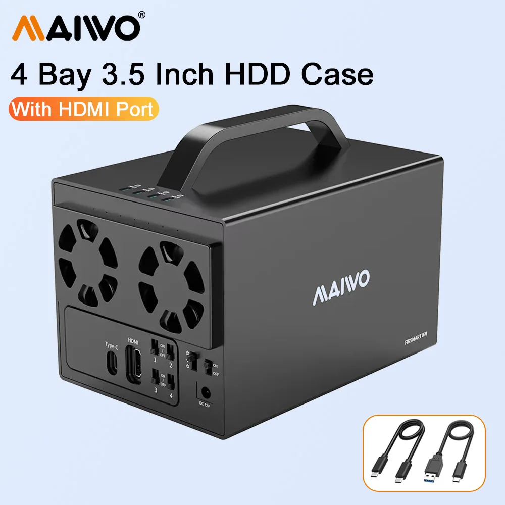 MAIWO 4 Bay 3.5 Inch Hard Drive Enclosure for 3.5'' SATA HDD with Two Fans 4 Bay HDD Enclosure with 4K HDMI Port 96TB Expansion
