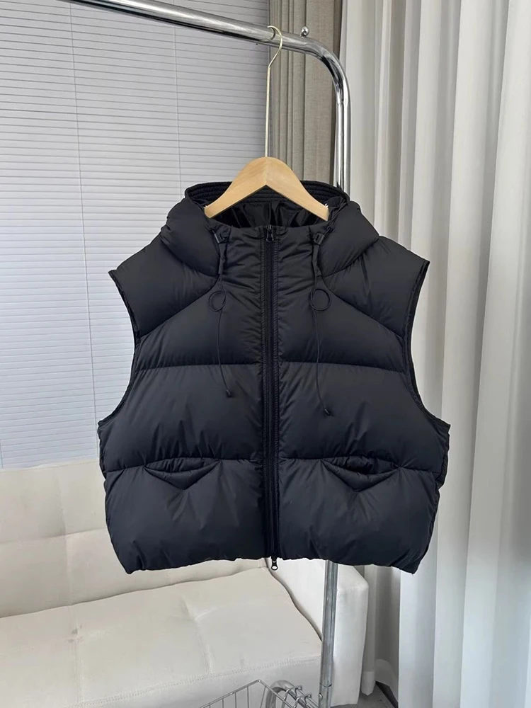 Otoño Invierno chaleco suelto con capucha mujer engrosamiento cálido acolchado chaleco abrigo mujer pato blanco abajo chaleco sin mangas con cremallera