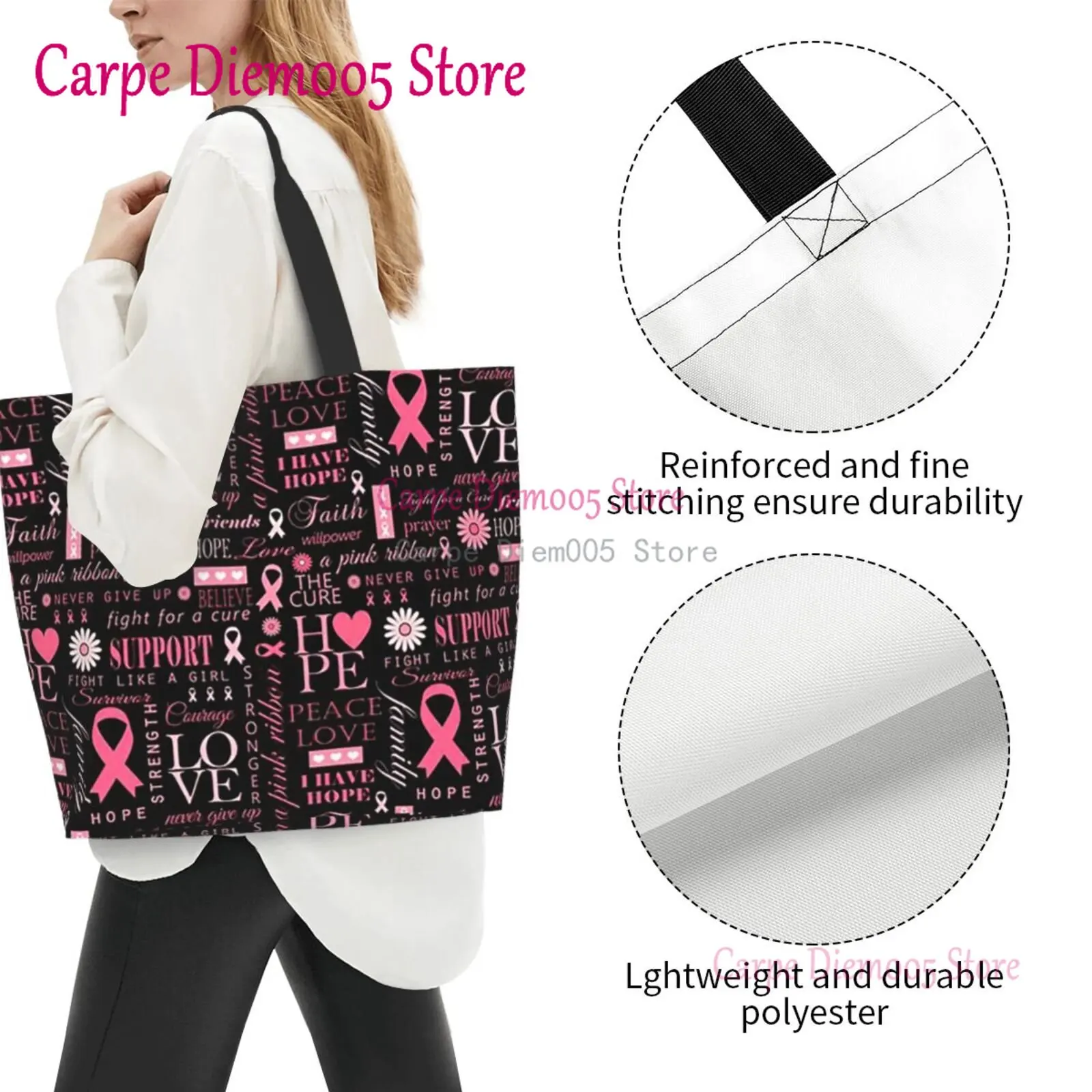 Women Shoulder Bag Pink Ribbon Support Breast Cancer Large Capacity Shopping Grocery Tote Bag For Ladies