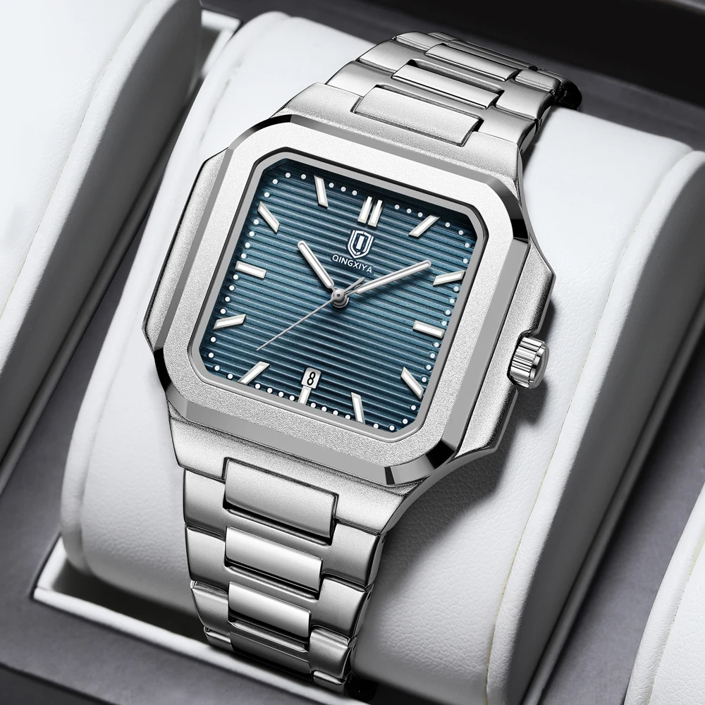 

QINGXIYA Роскошные квадратные часы Деловые мужские кварцевые часы Водонепроницаемые светящиеся календари Наручные часы из нержавеющей стали Reloj Hombre