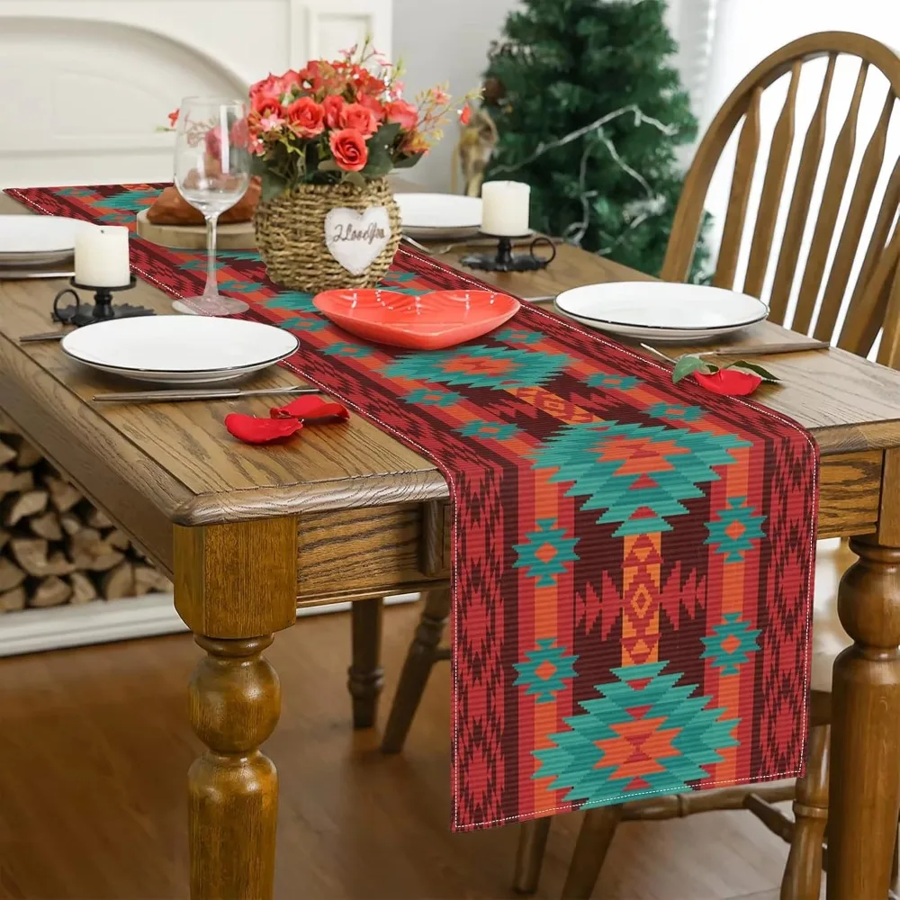 Aztec Southwestern Tribal Table Runner - Boho Geometric Ethnic Pattern Table Cover for Farmhouse and Wedding