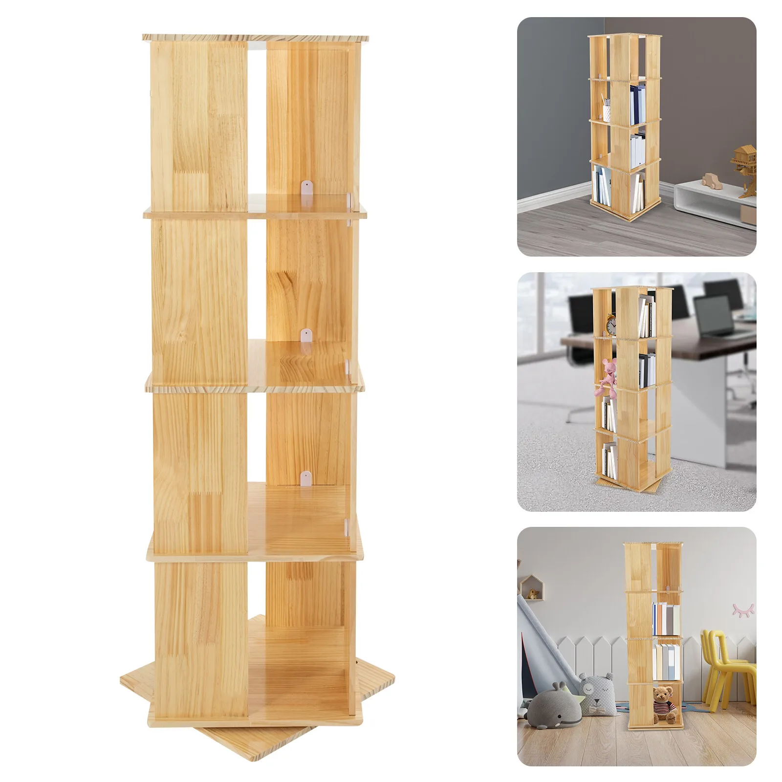 360?? رف الكتب الدوار، خزانة الكتب، حامل عرض الرف، لون الخشب