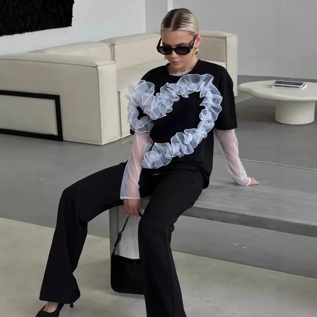 

European and American High-end Love Organza Pleated Splicing T-shirt Women's Fashion Ins Style Round Neck Loose Cotton Top