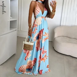 Wefads Maxi Dress Women Summer Deep V Neck Sleeveless Halterneck Lace Up Marine Life Print Backless Lace Up Holiday Long Dresses