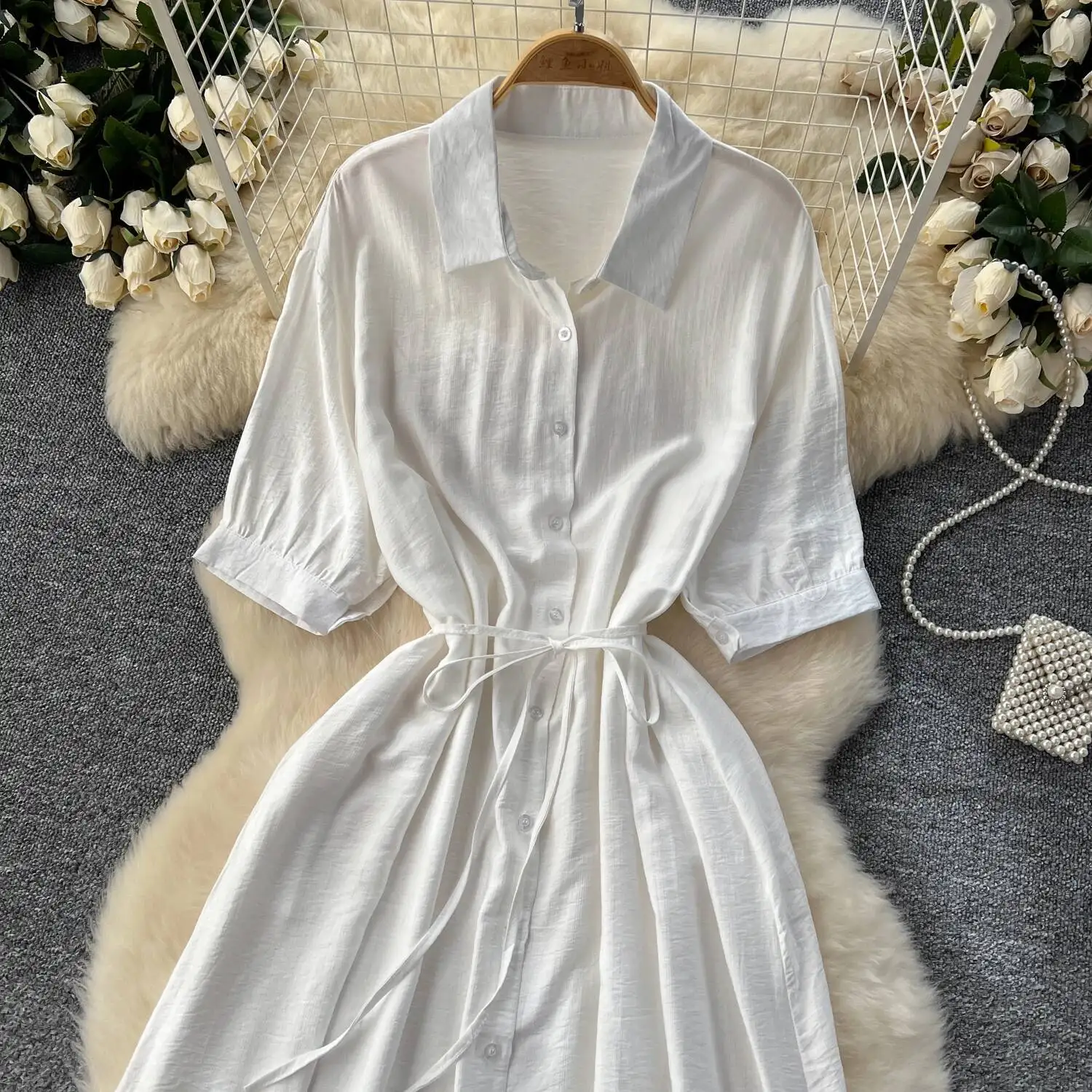 Abito camicia casual da donna con risvolto Primavera Estate Mezza manica monopetto Abiti lunghi con volant di media lunghezza Abiti lunghi con vestaglia lunga solida