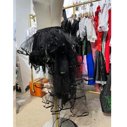Goth Vintage Summer Mesh Irregular Black Skirts With Feather Black Punk 2 Layers Skirts