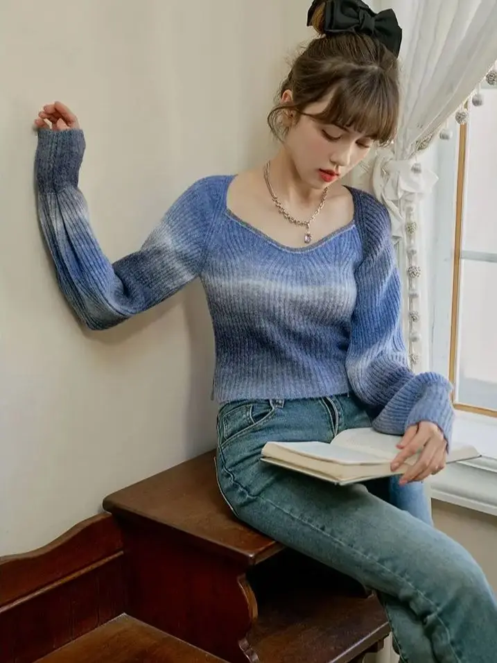 Knitted Pullover Sweater V-Neck Gradient Color Women'S Autumn And Winter New Style 2024 Short Knitted Pullover Sweater