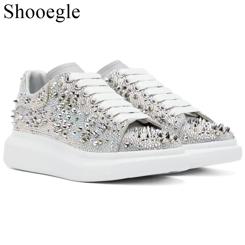 Low Top Silver Fantastic Real Leather Crystal Wedding Shoes For Men Casual Flats Loafers Sneaker Men Diamond Spikes