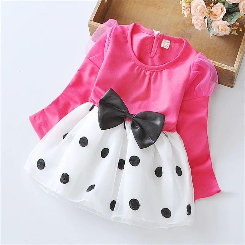 Spring Baby Girls Long Sleeve Dresses Polka Dot Bow Knot Toddler Birthday Party Princess Evening Dress 1 To 4 Y Children Clothes