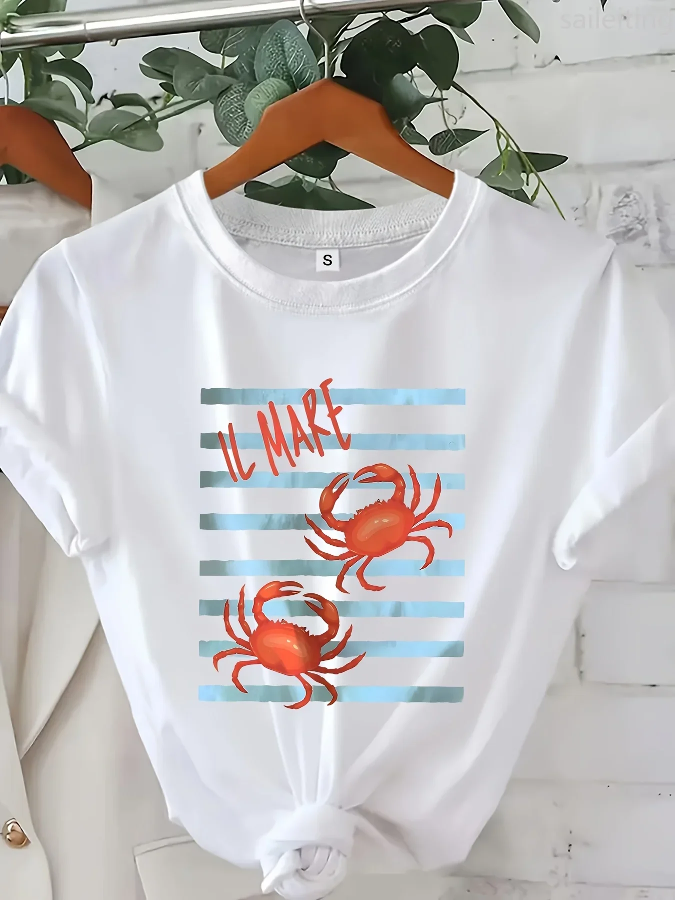 

Blue Striped Crab Print Women's T-shirt Short Sleeve Crew Neck Casual Top for Summer Women's Harajuku T-shirt Casual Clothing