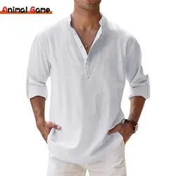 Novas camisas de linho de algodão para homens camisas casuais leves manga longa henley praia camisas havaianas para homem