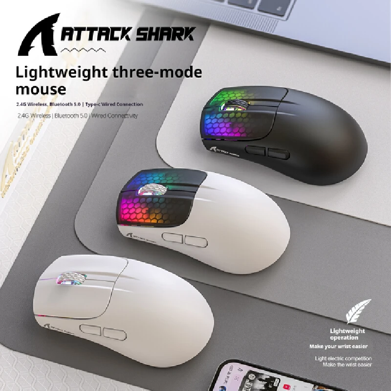 Attackshark X5rgb Light-Emitting Charging Three-Mode Mouse Lightweight Video Game Bluetooth 2.4g Wireless Wired Mouse For Gift