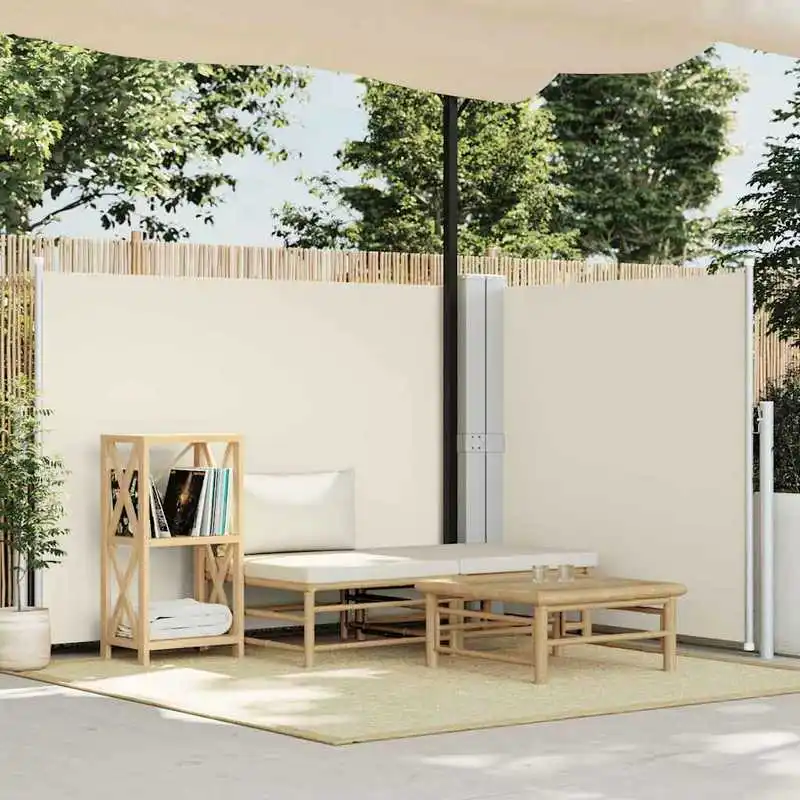 Auvent latéral rétractable crème 140x1000 cm, polyester PU double face, structure acier/aluminium, enroulement automatique, protection UV/eau, pour jardin et terrasse.