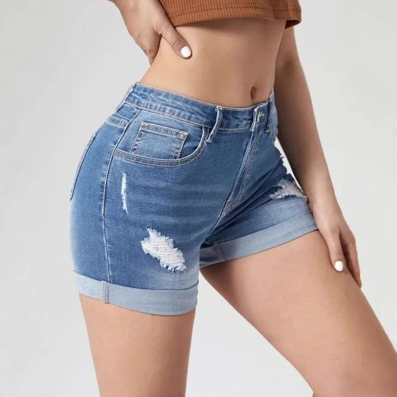 High Waist Denim Shorts Women's High Elasticity Cuffed Hem Trendy Hole Punching Hot Pants Spring 2025 Standard Fit Jeans