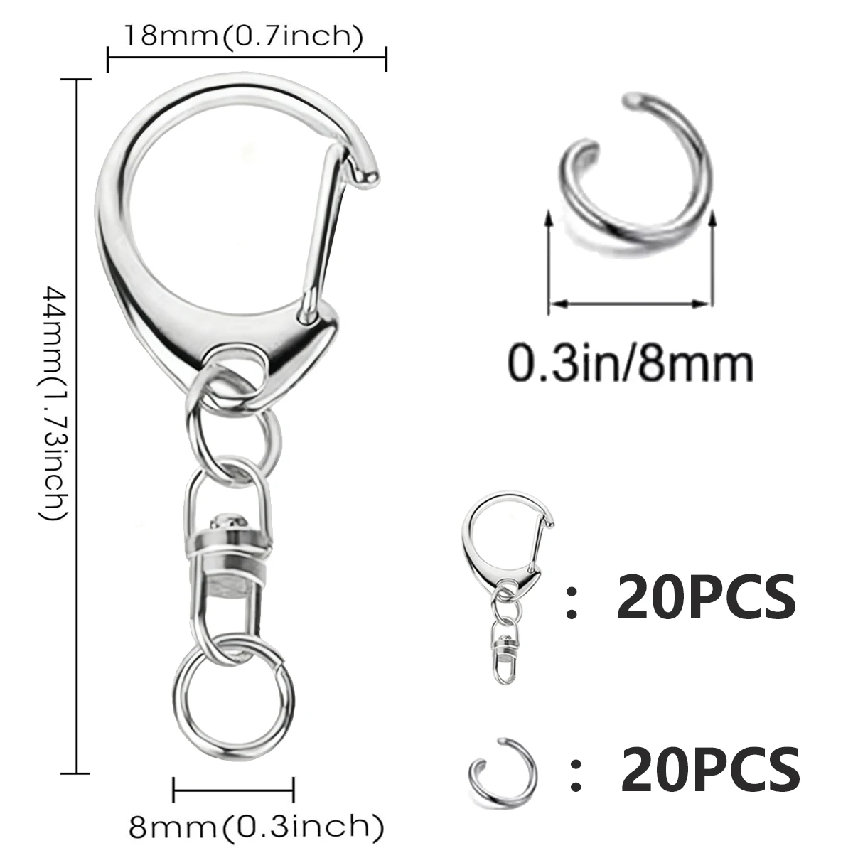 20 Sets Schnellverschluss-Haken in C-Form, Schlüsselanhänger-Zubehör, 20 Schlüsselanhänger und 20 kleine Ringe zum Aufhängen von Makramee-Artikeln, DIY-Bastelarbeiten – Detail 1