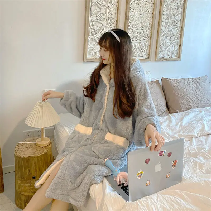 Hooded Robe for Women Sleepwear Nightdress Winter Warm Fleece Pajama One Piece Nightgown Night Wears Pocket Long Sleeve Homewear