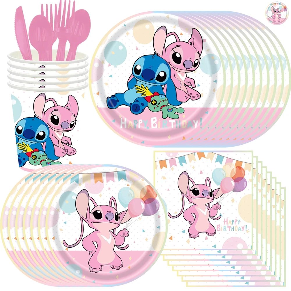 Pink Disney Lilo & Stitch Birthday Party Decorations Tableware Cup Plate Balloons Tablecloth Stitch Angel Wedding Party Supplies