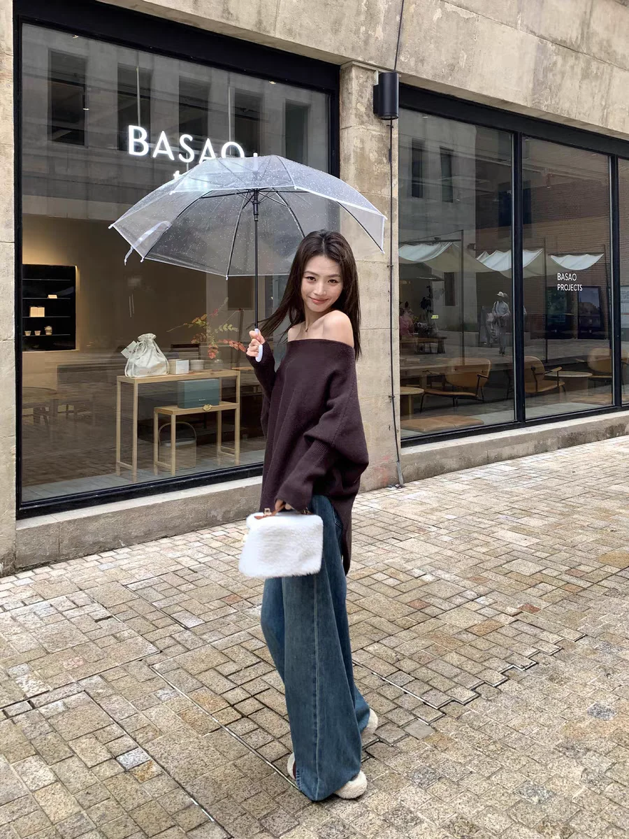 Maglione con scollo a V stile pigro 2025 - Pullover lavorato a maglia con maniche a pipistrello, top dal design asimmetrico invernale, camicetta casual oversize Y2K, goccia