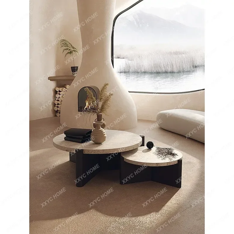 XX Natural Travertine Coffee Table for Living Room Small Apartment  Luxury Round Combination Side Tabl