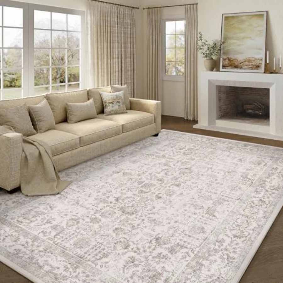 

Light Brown Area Rug 9x12 Machine Washable Large Vintage Living Room Distressed Non Slip Carpet Traditional Indoor Bedroom Retr