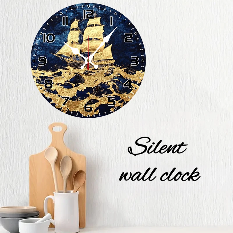 ساعة حائط معلقة خشبية مستديرة صامتة على شكل سفينة ذهبية، مناسبة لغرفة المعيشة والمكتب وغرفة الدراسة وغرفة النوم وديكور المنزل #3