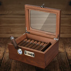 Zigarren-Humidor, Zedernholz-Humidor, Zigarrenbox, Glasplatte, Desktop-Humidor mit Front-Hygrometer, Luftbefeuchter, Teiler, Zubehör, Schublade – Detail 4