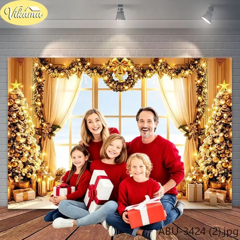 VIKAMA Photography Background Christmas Window Wreath Family Scene Photo Backdrop Family Party Birthday Festival Home Decor