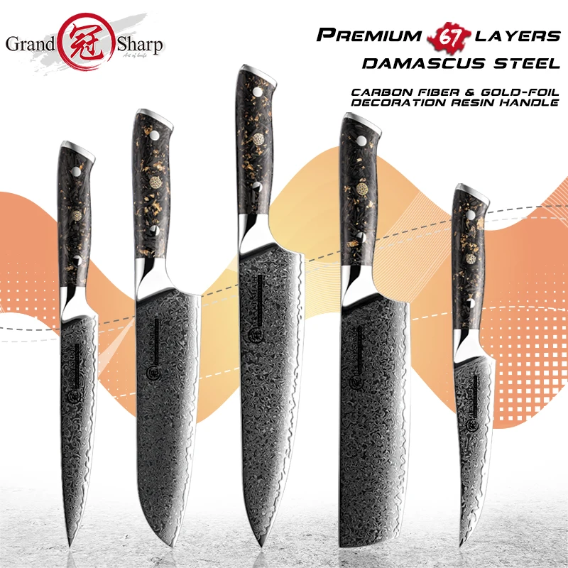 

Grandsharp 5Pcs Set 67 Layers 10Cr15CoMov Damascus Steel Kitchen Knives Chef Santoku utility knife Resin Handle Cooking Tools