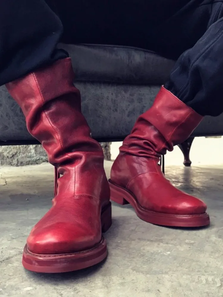 Retro Style Horsehide Pointed Toe Platform Ankle Boots Handmade Genuine Leather Solid Color Men Zipper Low-Heel Footwear