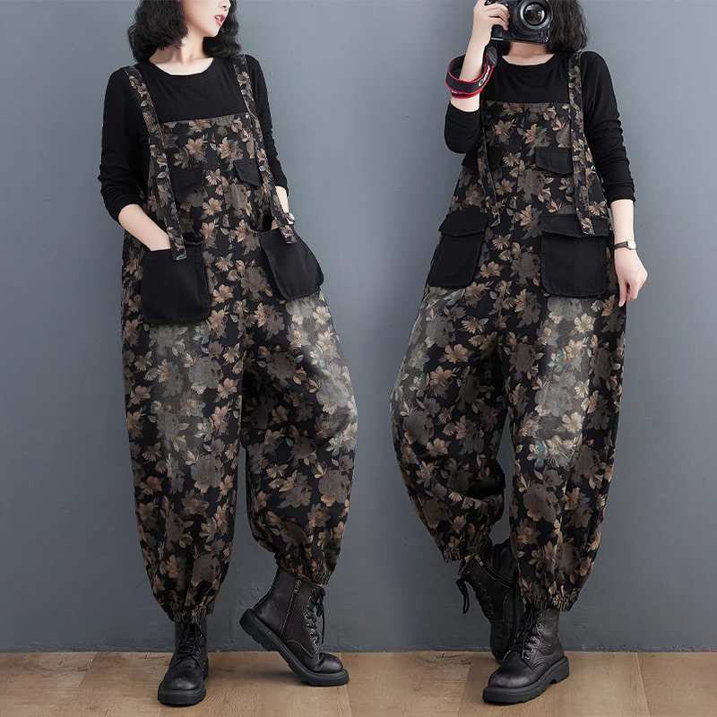 

Anti-Aging Floral Print Denim Overalls Women's High Waist Long Pants Autumn Season Faionable Versatile Waed out Jeans